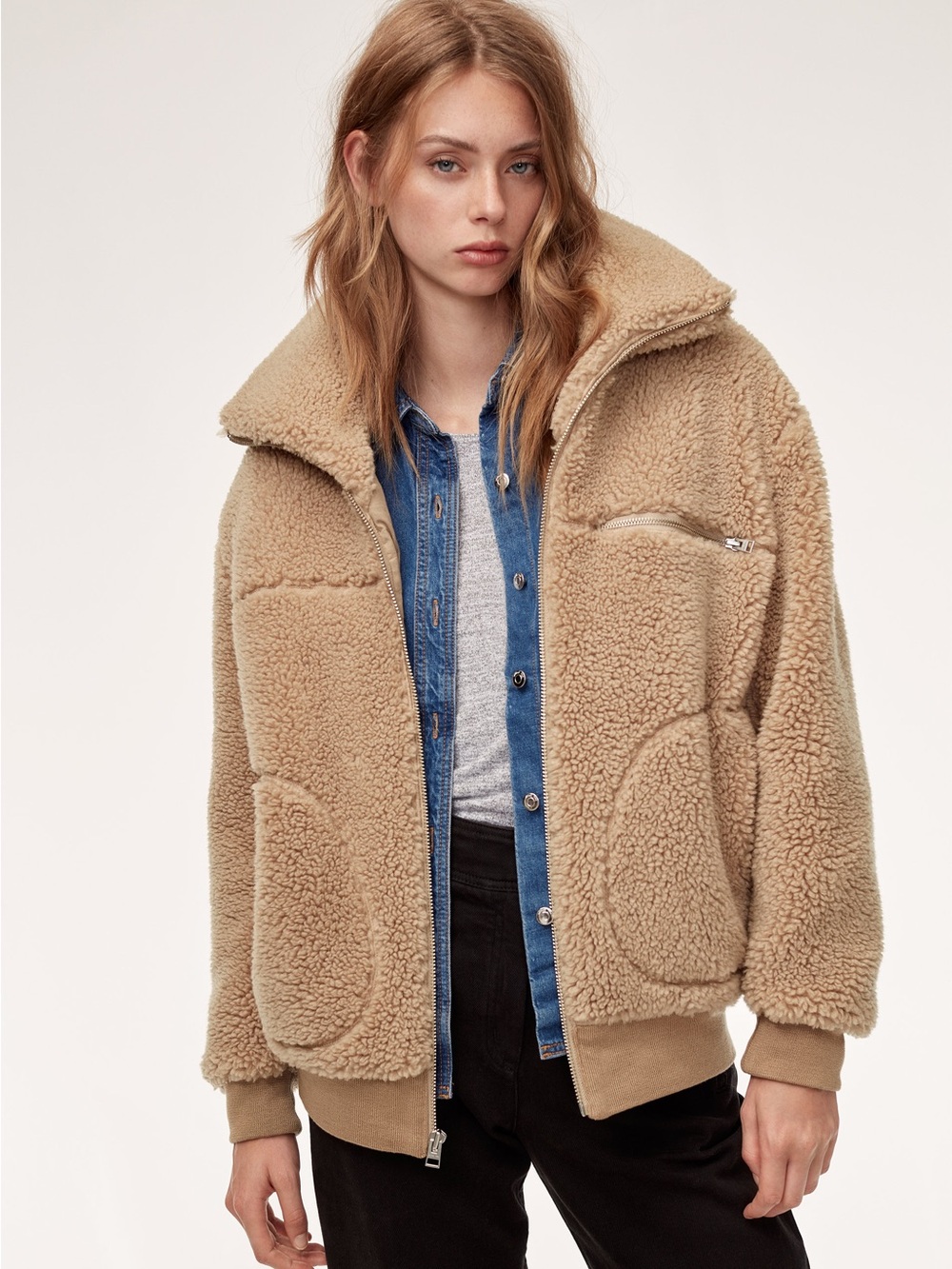 Wilfred Plush Teddy Jacket in Camel